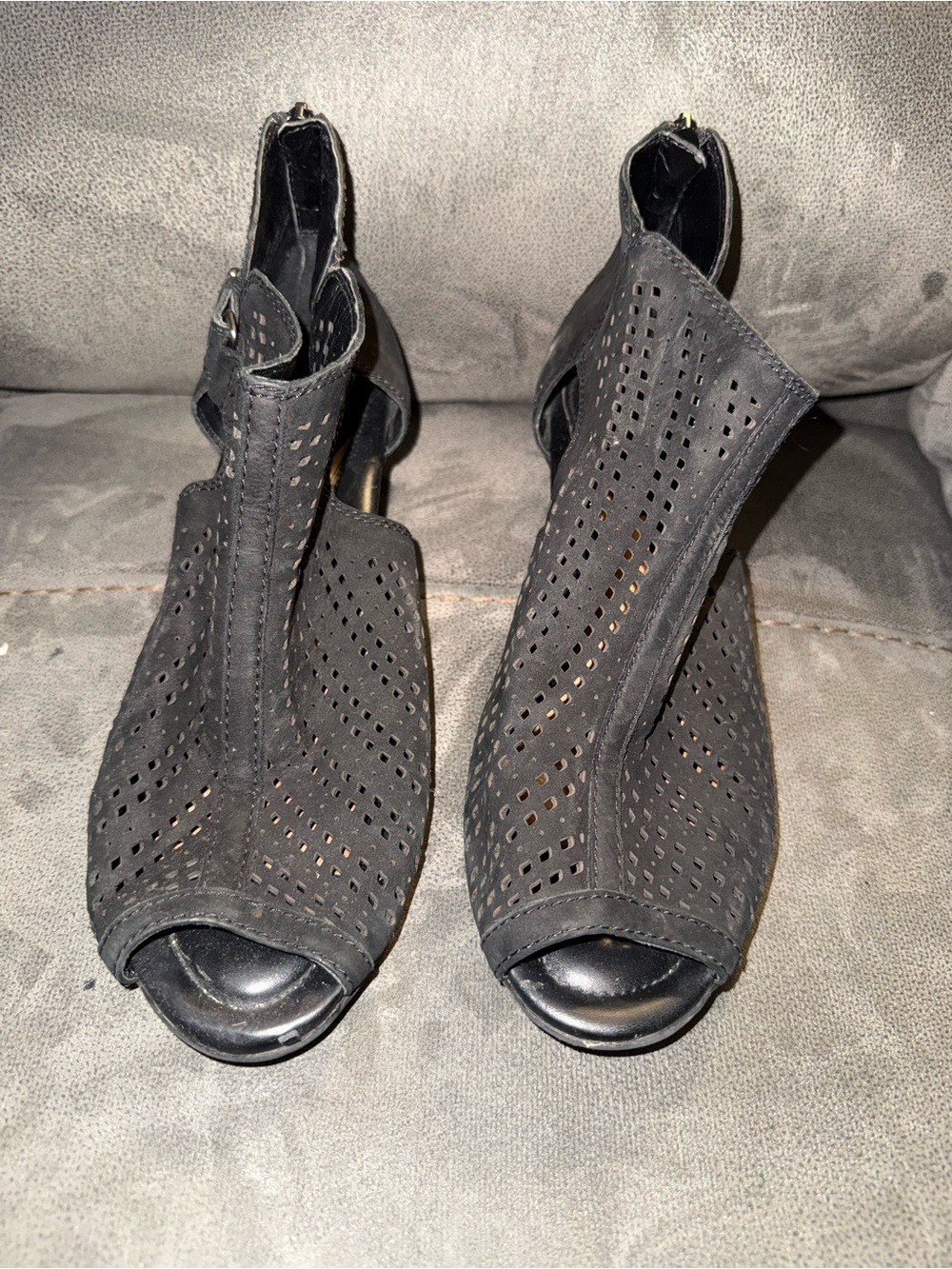 Earth Black Perforated Peep-Toe Ankle Booties